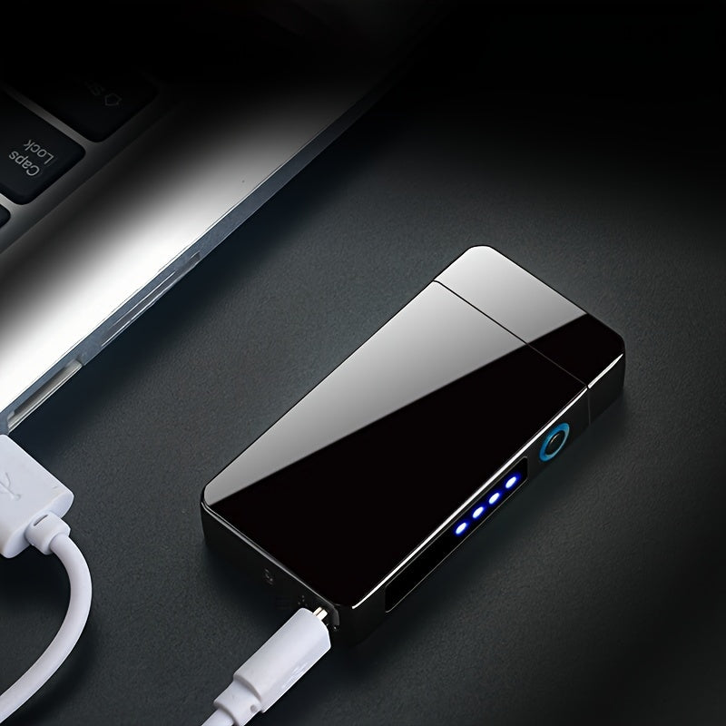 1pc Hot Electric Windproof Metal Lighter, Double Arc Flameless Plasma Rechargeable USB Lighter, LED Power Display Touch Sensor Lighter Christmas Gift