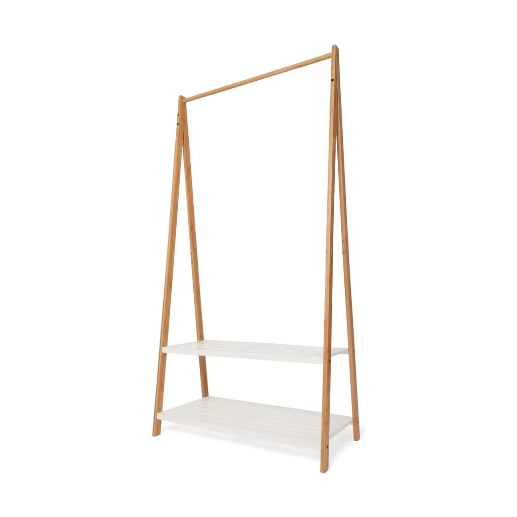 BAMBOO GARMENT RACK WITH WHITE SHELVES