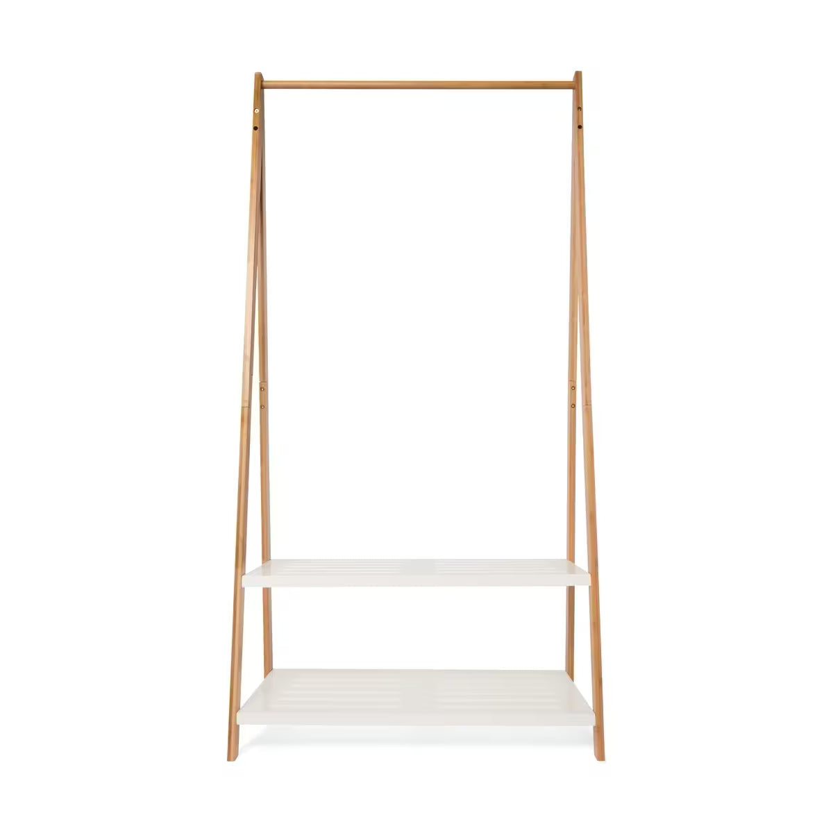 BAMBOO GARMENT RACK WITH WHITE SHELVES