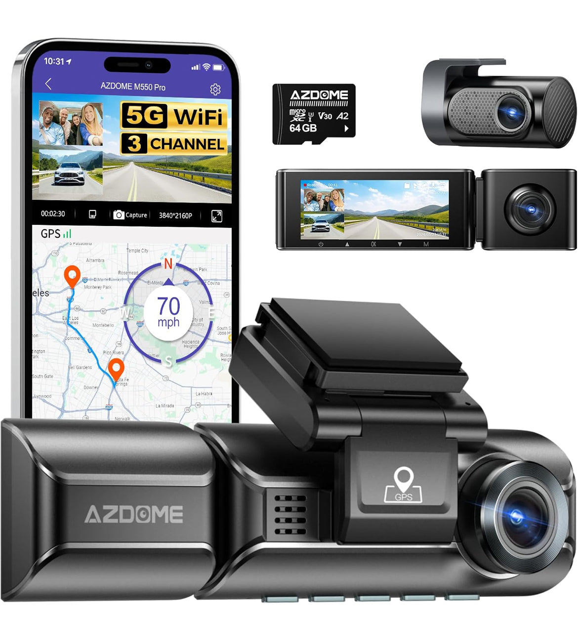 AZDOME M550 Pro 4K 3 Channel Dash Cam 5GHz WiFi GPS Dash Camera Parking Mode 64GB TF Card