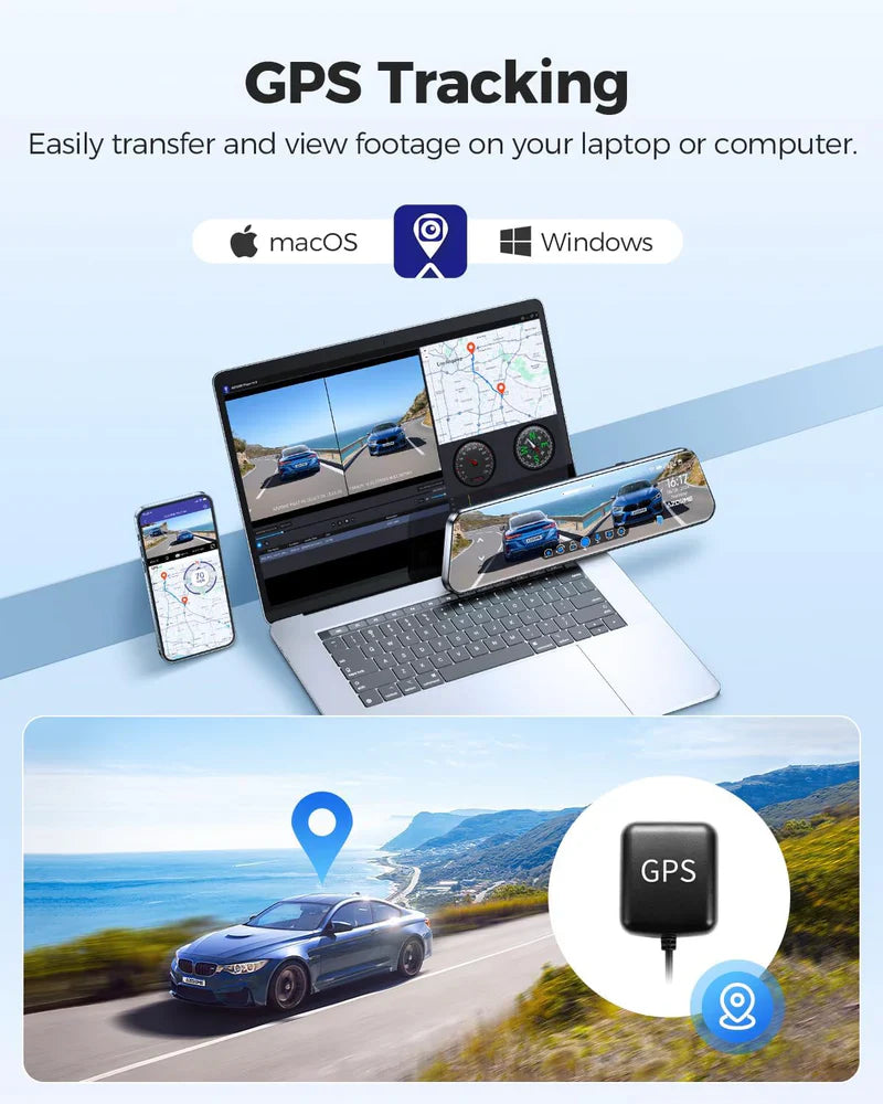AZDOME PG17 12" Mirror Dash Cam GPS WiFi6 4K+2.5k Front & Rear 64GBCARD FREE
