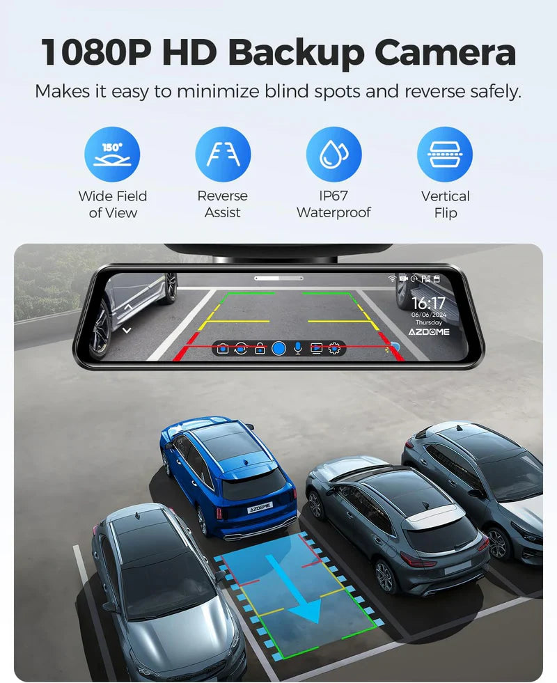 AZDOME PG17 12" Mirror Dash Cam GPS WiFi6 4K+2.5k Front & Rear 64GBCARD FREE