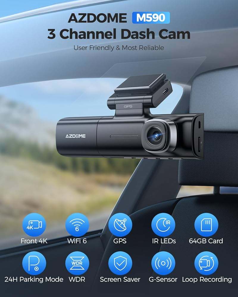 Azdome M590 3 channel 2k front 1080P inside cabin and Rear dashcam