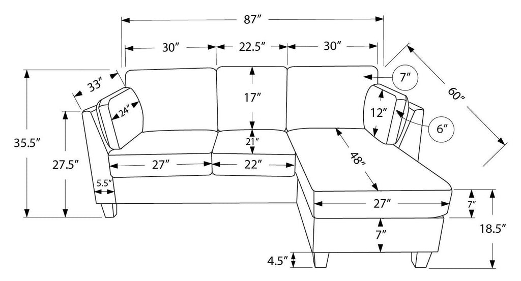 Sofa chaise longue avec deux coussins de 87" Monarch -FJORD-41- tissu brun pale (8714D41)