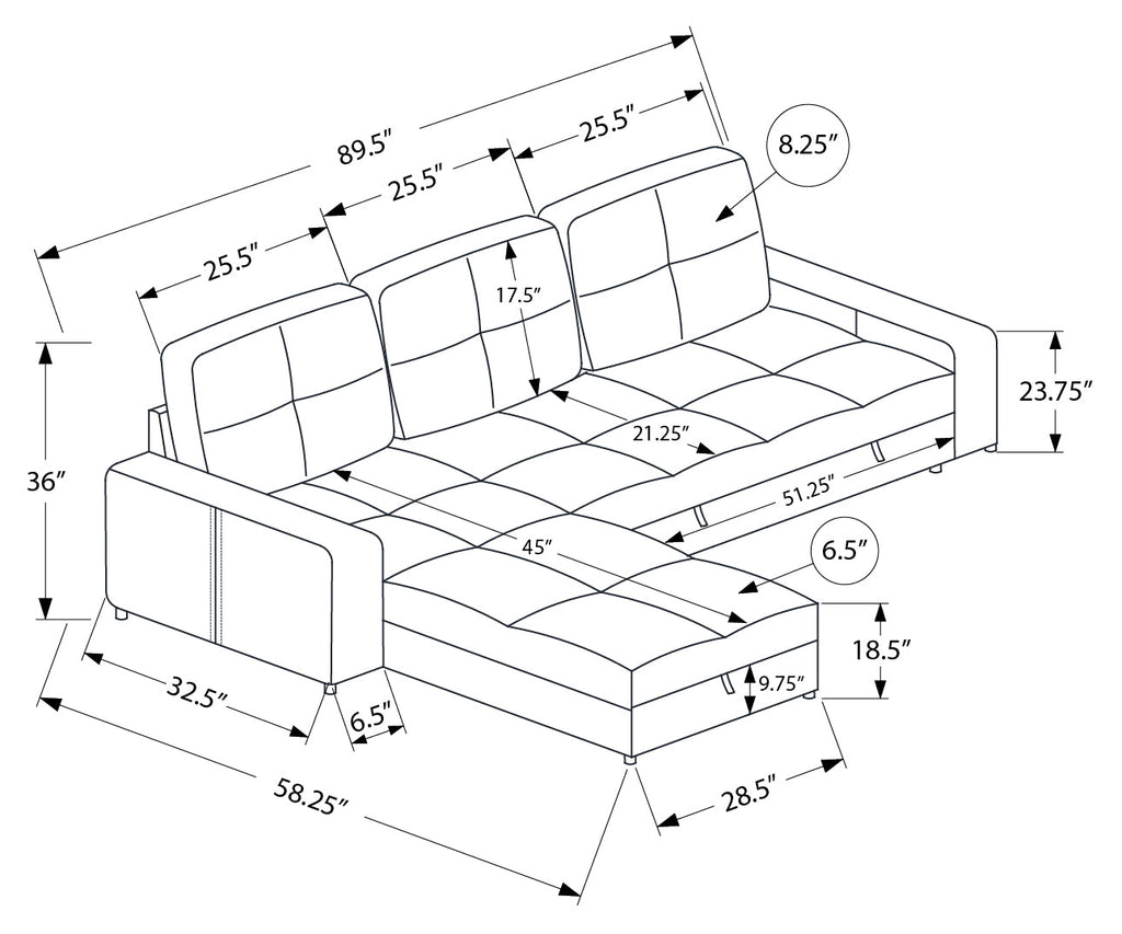 Sofa lit avec rangement de 90" de Monarch - LUMOS-08 - tissu gris (8A14L08)