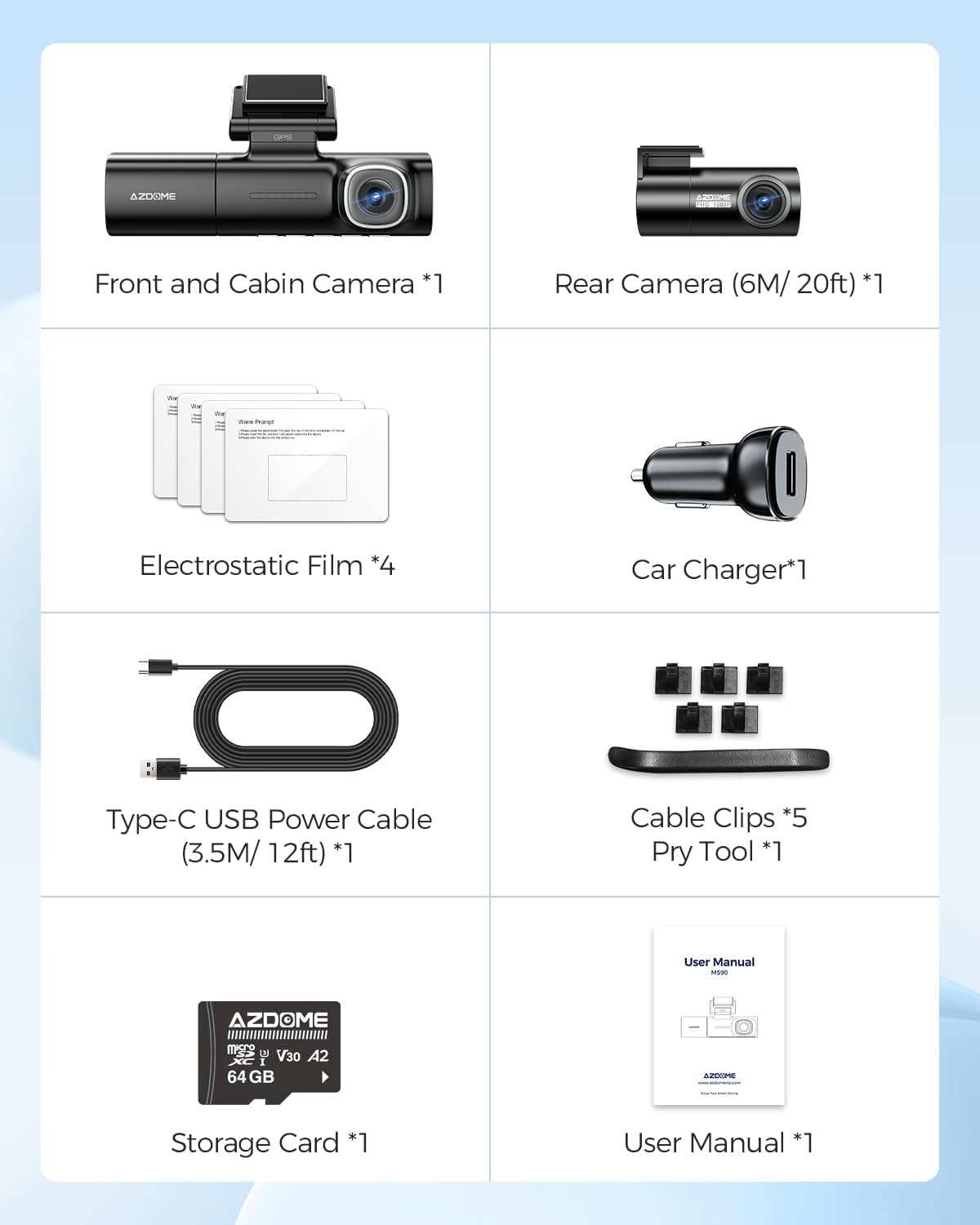 Azdome M590 3 channel 2k front 1080P inside cabin and Rear dashcam