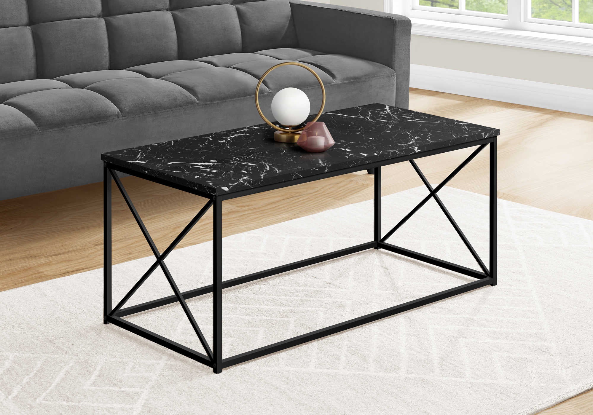 Table de salon en métal noir, marbre foncé - Monarch (I3783)