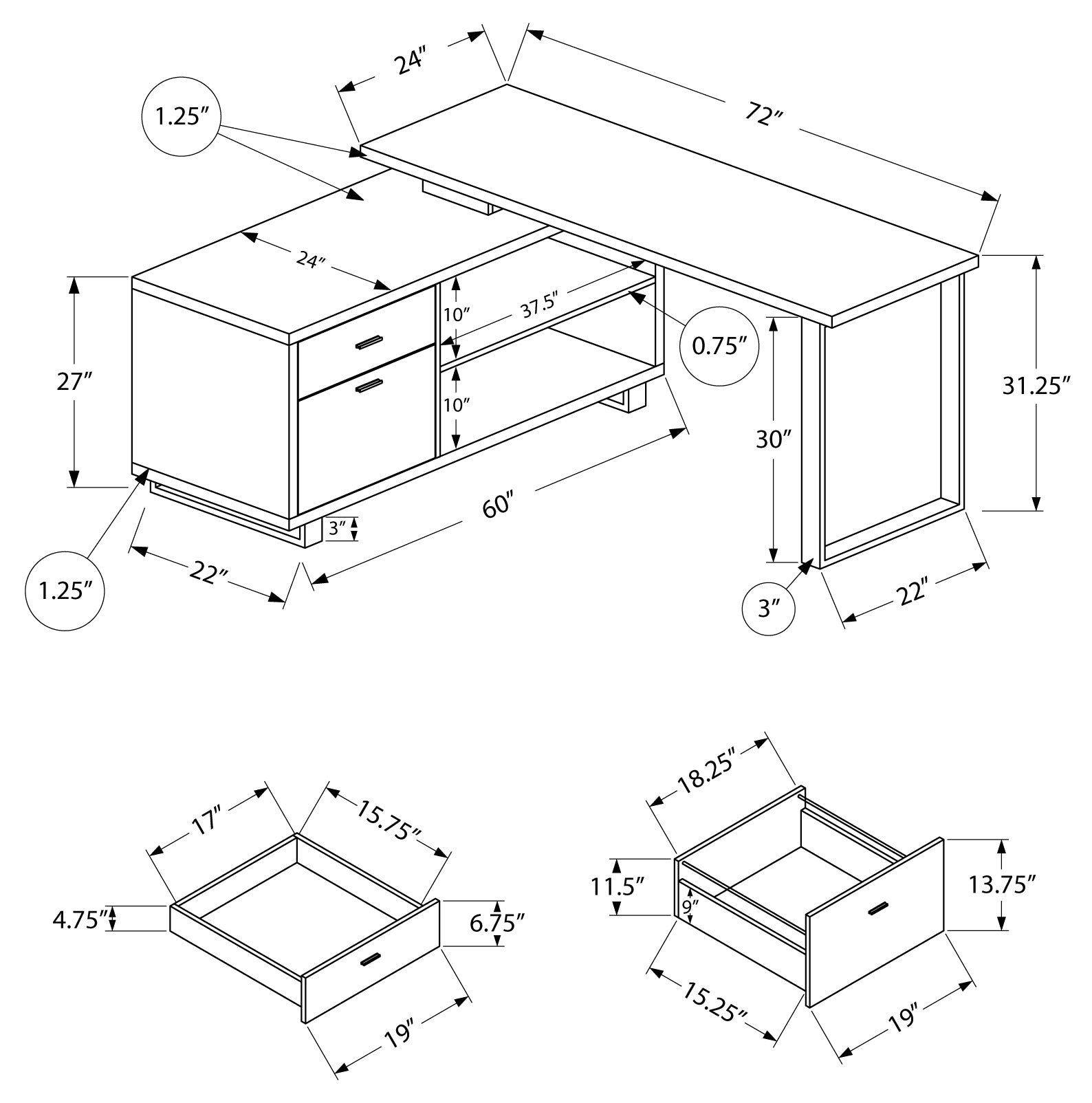 Bureau exécutif 72"L de Monarch en bois pâle et noir (I7712)