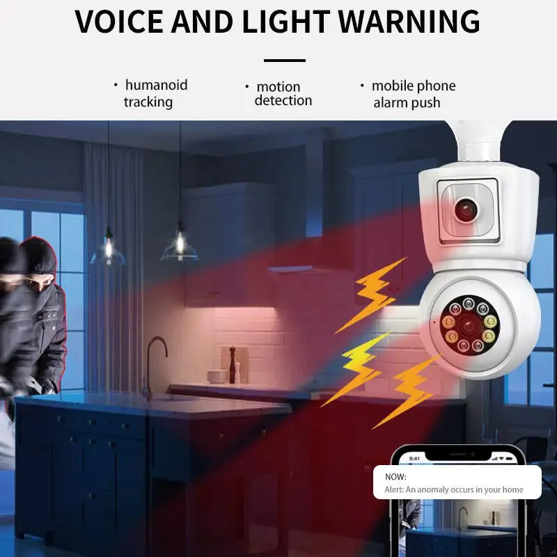 8MP E27 Bulb WiFi Camera 4K Dual Lens Dual Screen Cam Auto Tracking Two Way Audio Night Vision CCTV Security Protection ICSEE