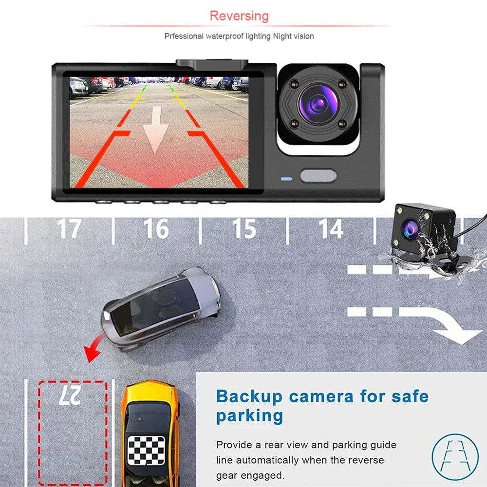 3 Channel Dash Cam for Car Front And Rear Camera 1080P Video Recorder Dashcam Black Box Car DVR Rear View Camera car accessory