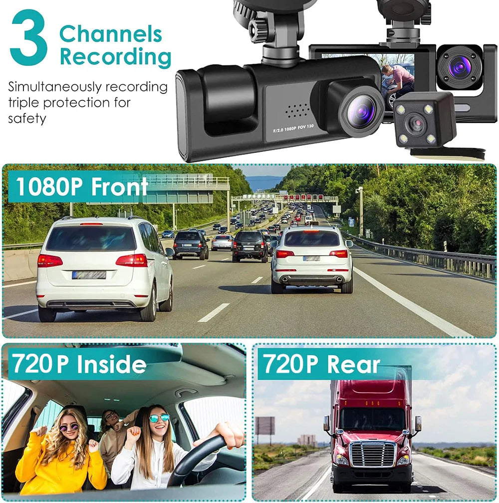 3 Channel Dash Cam for Car Front And Rear Camera 1080P Video Recorder Dashcam Black Box Car DVR Rear View Camera car accessory