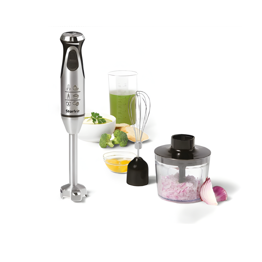 Mixeur à main Starfrit 3-en-1 – 400W Lames en Acier Inoxydable, Accessoires Fouet et Hachoir, Vitesse Variable + Mode Turbo