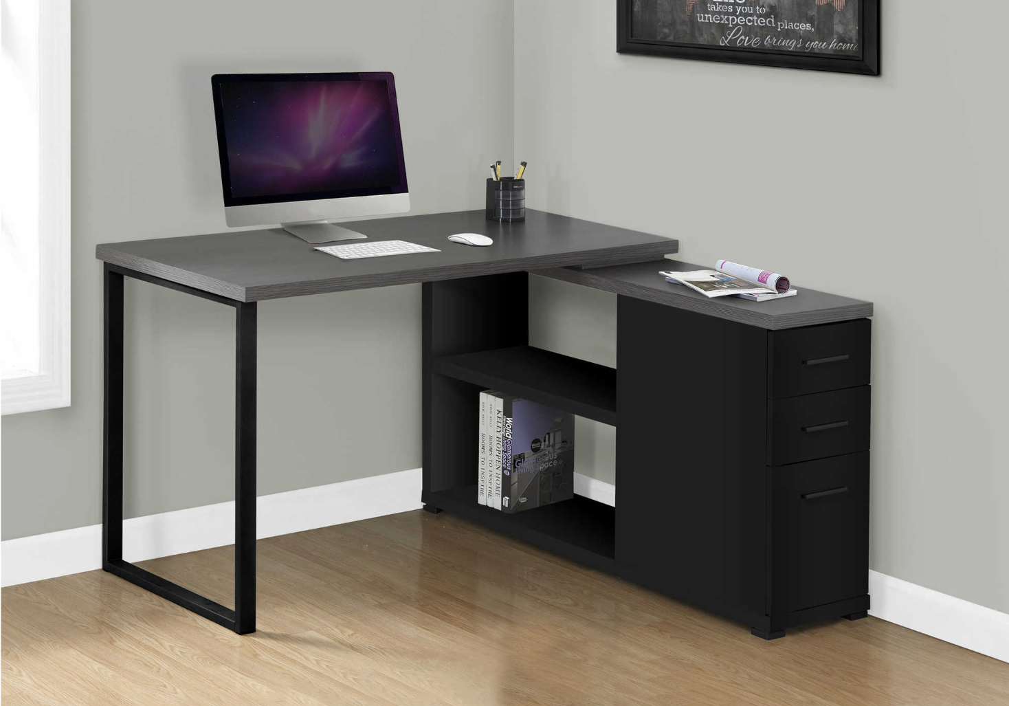 Bureau d'ordinateur moderne en coin de couleur gris et noir (I 7433)