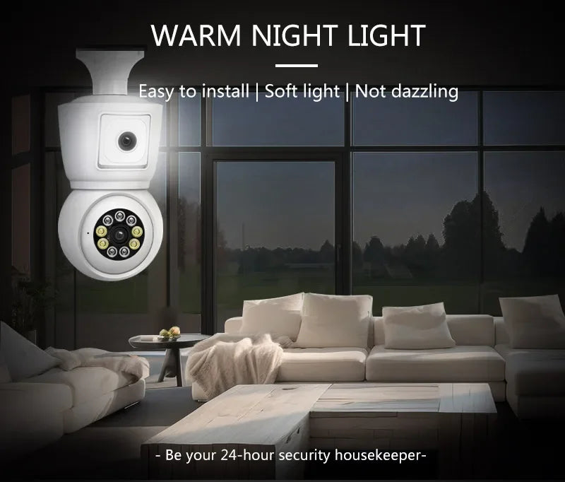 8MP E27 Bulb WiFi Camera 4K Dual Lens Dual Screen Cam Auto Tracking Two Way Audio Night Vision CCTV Security Protection ICSEE